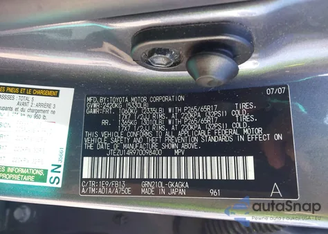 2007 Toyota 4Runner Sport V6 from USA, damaged, VIN JTEZU14R970098400